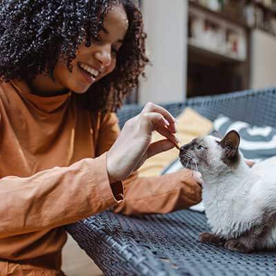 A girl giving a cat a treat A girl giving a cat a treat